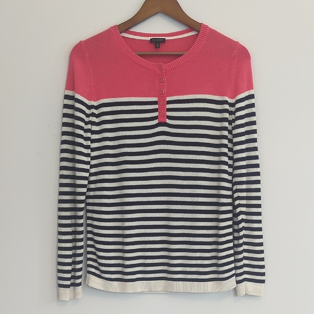 Talbots Henley Cotton Sweater‎ Striped Colorblock Pink Black Size M